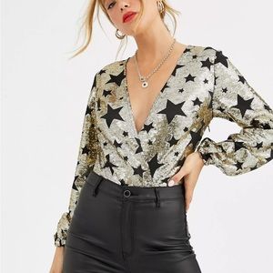 Brand New Sequin Plunge Front Bodysuit
